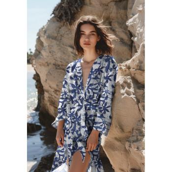 Preview: Viskose Batik einzigartig gefertigt  Blütenranken in Weiß auf Indigoblau